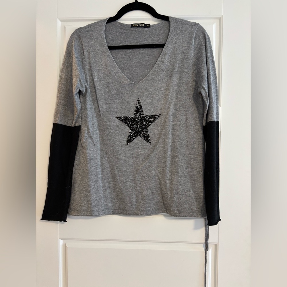 PRE-OWNED ‘Why Not’ Gray and Black Star Embellished Women's Top | O/S
